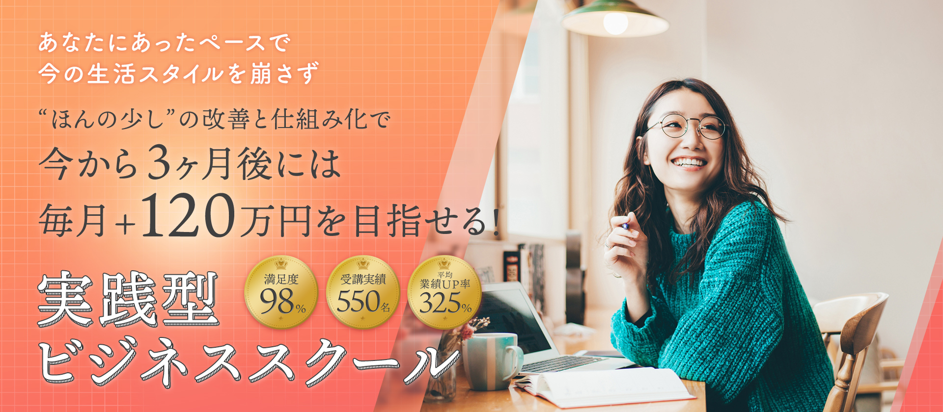 あなたにあったペースで今の生活スタイルを崩さず ほんの少しの改善と仕組み化で 今から3ヶ月後には毎月＋120万円を目指せる！ 実践型ビジネススクール